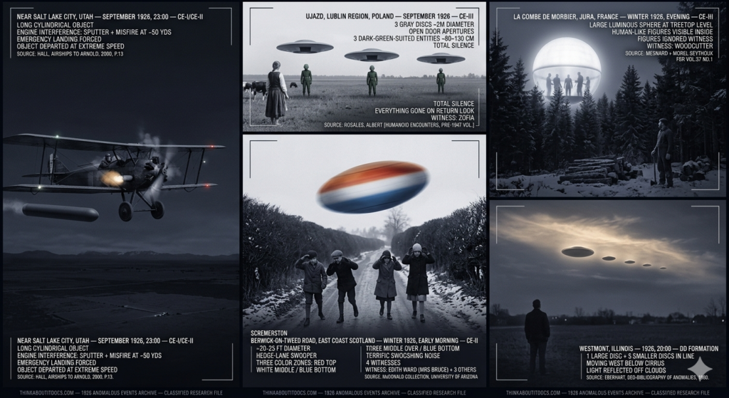 Five panel 1920s silver gelatin halftone intelligence dossier collage for the 1926 UFO UAP sightings archive showing left a 1920s air mail biplane pilot watching a long cylindrical object pace his aircraft at 50 yards as his engine sputters and misfires before his emergency landing in a Utah pasture in September 1926, upper center-left Zofia frozen in a Polish meadow near Ujazd facing three gray hovering discs with open doors and three small dark-green-suited entities staring at her from 100 meters in total silence in September 1926, center four young people cowering in a narrow Scremerston hedge-lane as a 20-to-25-foot tricolor object with red top white middle and blue bottom zones swoops over them at pre-dawn making a terrific noise recorded in the McDonald University of Arizona collection, upper center-right a Jura mountain woodcutter watching a large luminous sphere at treetop level with human-like figure silhouettes visible inside hovering above the French fir forest in winter 1926, and right an Illinois witness watching one large disc and five smaller discs in formation heading west while their combined light reflects gold off the cirrus layer above in Westmont in 1926