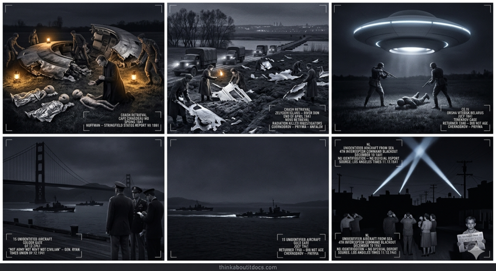 Five-panel 1941 WWII wartime press photography dossier: Reverend Huffman kneeling at a Missouri crash site praying over a dying alien as military personnel move through the broken disc wreckage, NKVD troops recovering radioactive disc fragments on Zelyenyi Island in the River Don, Soviet soldier Terekhov and his German executioners rising off the ground toward a hovering circumferentially-lit disc at Orsha Belarus, General Ryan watching three Naval vessels depart San Francisco Bay to hunt the base of 15 unidentified aircraft at the Golden Gate, and a blacked-out Los Angeles with Army searchlight beams sweeping empty sky as civilians listen in darkness.