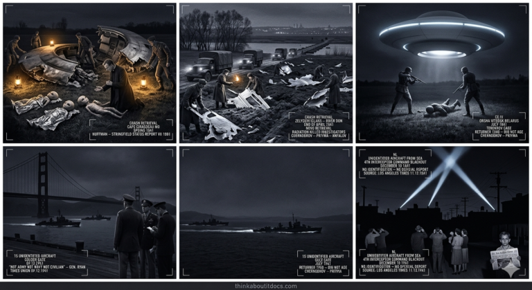 Five-panel 1941 WWII wartime press photography dossier: Reverend Huffman kneeling at a Missouri crash site praying over a dying alien as military personnel move through the broken disc wreckage, NKVD troops recovering radioactive disc fragments on Zelyenyi Island in the River Don, Soviet soldier Terekhov and his German executioners rising off the ground toward a hovering circumferentially-lit disc at Orsha Belarus, General Ryan watching three Naval vessels depart San Francisco Bay to hunt the base of 15 unidentified aircraft at the Golden Gate, and a blacked-out Los Angeles with Army searchlight beams sweeping empty sky as civilians listen in darkness.