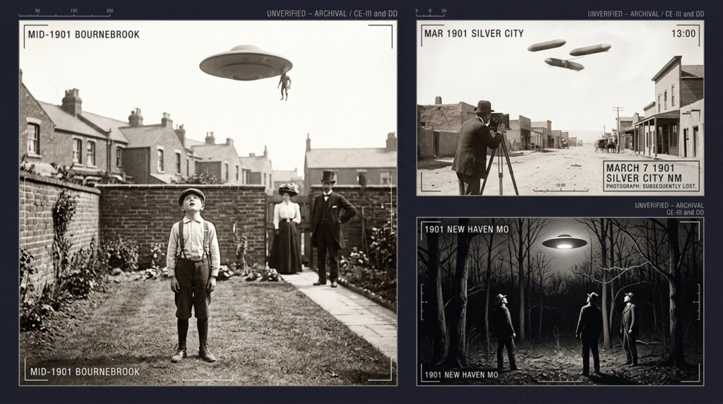 Three-panel early 1900s silver gelatin photographic style intelligence dossier collage showing a ten-year-old Edwardian boy in a Bournebrook England yard watching a five-foot disc with humanoid occupants overhead, a man with a box camera photographing three cigar-shaped lashed objects over Silver City New Mexico in March 1901, and three Missouri forest witnesses observing a hovering luminous disc through the tree canopy at night