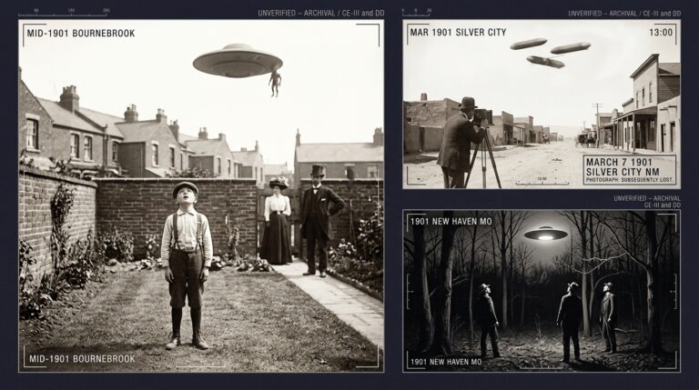 Three-panel early 1900s silver gelatin photographic style intelligence dossier collage showing a ten-year-old Edwardian boy in a Bournebrook England yard watching a five-foot disc with humanoid occupants overhead, a man with a box camera photographing three cigar-shaped lashed objects over Silver City New Mexico in March 1901, and three Missouri forest witnesses observing a hovering luminous disc through the tree canopy at night