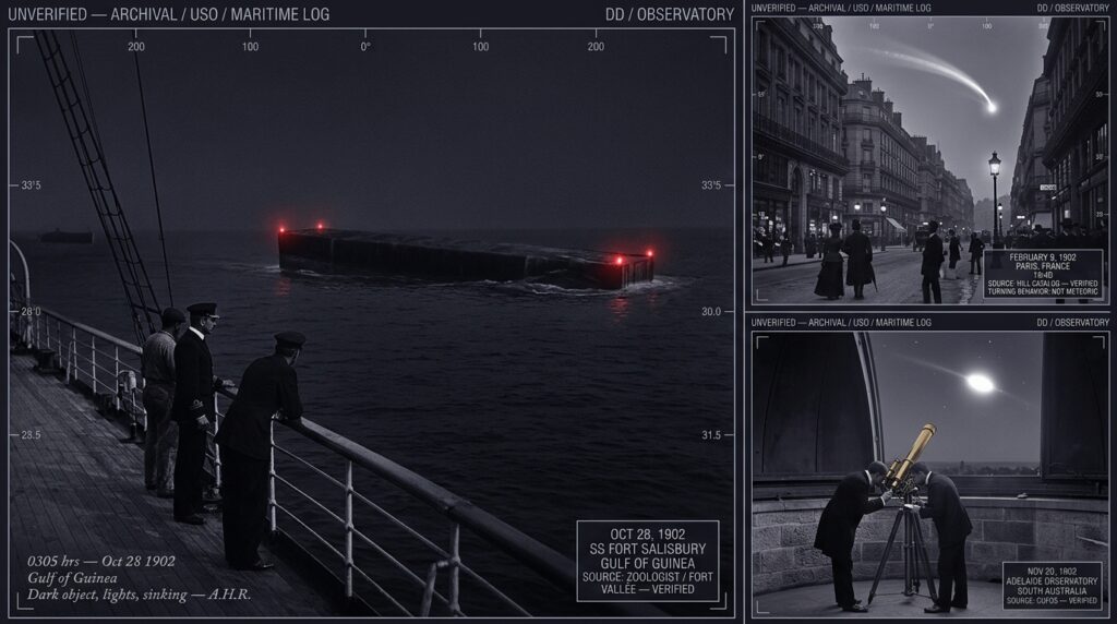Three-panel 1902 Edwardian silver gelatin style intelligence dossier collage showing left the SS Fort Salisbury crew observing a massive 200-meter dark object with red lights sinking into the Gulf of Guinea at 03:05 on October 28 1902 as documented in the ship's log and reported to The Zoologist, top right Parisian pedestrians watching a luminous body complete a visible turning arc over boulevard rooftops on February 9 1902 in the 12-second maneuver that ruled out meteor identification, and bottom right two experienced observers at the Adelaide South Australia observatory tracking an elliptical object through 20 degrees of arc over four minutes on November 20 1902