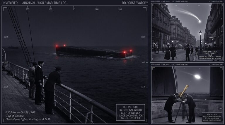 Three-panel 1902 Edwardian silver gelatin style intelligence dossier collage showing left the SS Fort Salisbury crew observing a massive 200-meter dark object with red lights sinking into the Gulf of Guinea at 03:05 on October 28 1902 as documented in the ship's log and reported to The Zoologist, top right Parisian pedestrians watching a luminous body complete a visible turning arc over boulevard rooftops on February 9 1902 in the 12-second maneuver that ruled out meteor identification, and bottom right two experienced observers at the Adelaide South Australia observatory tracking an elliptical object through 20 degrees of arc over four minutes on November 20 1902