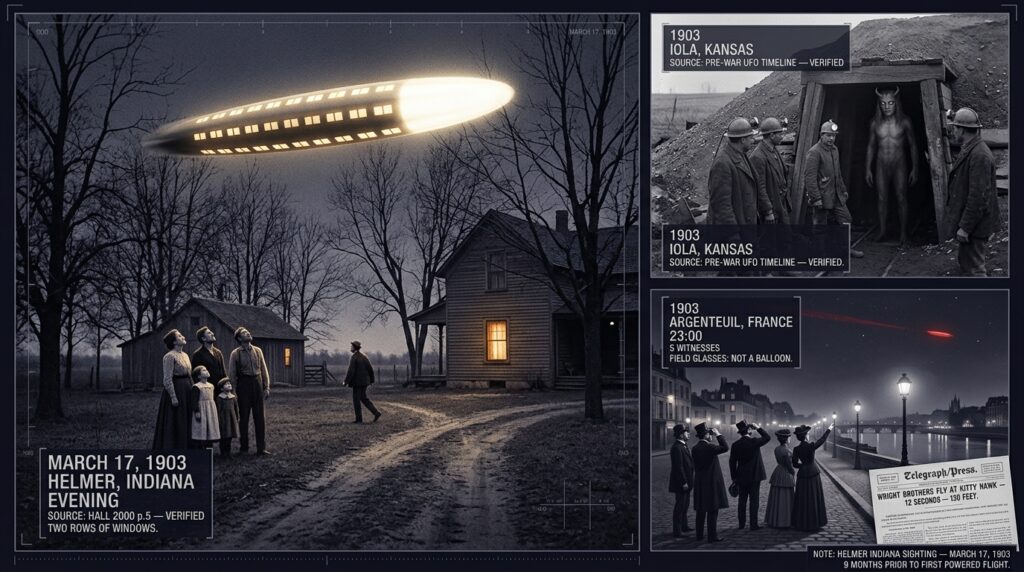 Three-panel 1903 Edwardian silver gelatin style intelligence dossier collage showing left an Indiana farm family backing away from a brilliantly glowing cigar-shaped craft with two rows of evenly spaced windows hovering at their treeline in Helmer Indiana on March 17 1903 nine months before the Wright Brothers flew, top right Iola Kansas coal miners retreating from a seven-foot horned large-eyed entity at a mine entrance, and bottom right five Argenteuil France witnesses including M Desmoulins with field glasses confirming a red object traveling four miles in twenty minutes is definitely not a balloon