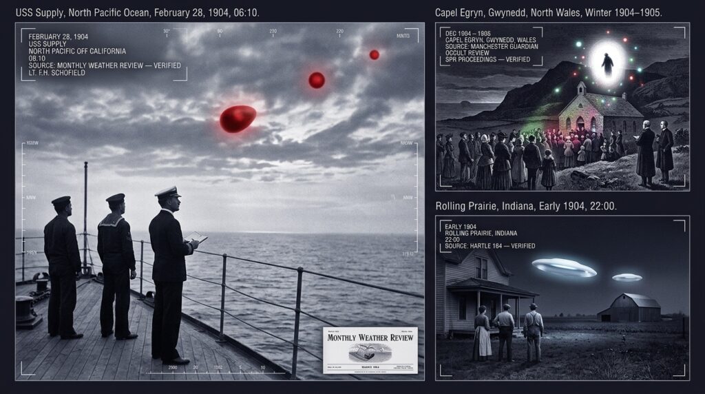 Three-panel 1904 Edwardian silver gelatin style intelligence dossier collage showing left Lieutenant Frank Schofield and two USS Supply crew members on the North Pacific deck at dawn observing three red egg-shaped luminous objects in echelon formation soaring through cloud layer on February 28 1904 as published in the Monthly Weather Review, top right a Welsh revival crowd at Capel Egryn watching a large central light with colored scattering smaller lights and a dark figure shape in its center while vicars observe from the side as documented in the Manchester Guardian and Occult Review 1904-1905, and bottom right a Rolling Prairie Indiana family watching two whitish-blue luminous objects hovering three meters above the ground moving toward a barn at night