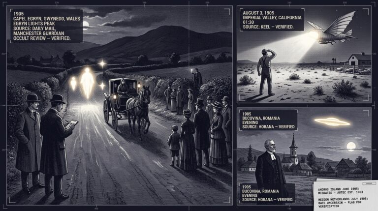 Three-panel 1905 Edwardian halftone newspaper style intelligence dossier collage showing left a North Wales night road with Mary Jones's carriage being followed by multiple luminous forms while two London journalists with notepads watch unable to debunk the Egryn Lights in 1905, top right J.A. Jackson shielding his eyes from a blinding 100-foot winged airship with no gas balloon over Imperial Valley California at 01:30 on August 3 1905 while hogs panic in a nearby pen, and bottom right a Romanian retired doctor watching a saucer-shaped luminous object larger than the full moon travel westward over Bucovina in the evening of 1905