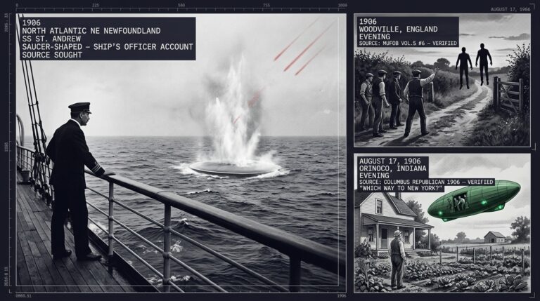 Three-panel 1906 Edwardian halftone press style intelligence dossier collage showing left a British merchant navy officer on the SS St Andrew watching a saucer-shaped metallic object having struck the North Atlantic throwing steam 40 feet with its flat disc profile visible at the water surface and red streaks in the sky above, top right George Fowler and two companions watching two dark silhouetted human-shaped figures rise above an English hedgerow at dusk in Woodville England 1906, and bottom right John Warner in his Indiana vegetable garden watching a green cigar airship with green lights whose occupants lean out to ask him the way to New York on August 17 1906