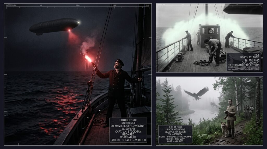 Three-panel 1908 Edwardian silver gelatin style intelligence dossier collage showing left North Sea fishing captain Stockman on the SS Superb firing signal flares at a sausage-shaped aerial object that responds with matched color-coded flares in October 1908, top right the SS Mohican crew unable to lift chains glued to the magnetized deck while surrounded by a thick luminous electromagnetic cloud in the North Atlantic 1908, and bottom right Russian explorer V.K. Arsenyev frozen on a Sikhote Mountains trail as his terrified dog Alpha presses against his leg and a large unknown winged creature emerges from fog above the river leaving humanoid footprints that appear and vanish in the mud