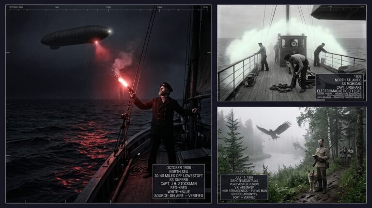 Three-panel 1908 Edwardian silver gelatin style intelligence dossier collage showing left North Sea fishing captain Stockman on the SS Superb firing signal flares at a sausage-shaped aerial object that responds with matched color-coded flares in October 1908, top right the SS Mohican crew unable to lift chains glued to the magnetized deck while surrounded by a thick luminous electromagnetic cloud in the North Atlantic 1908, and bottom right Russian explorer V.K. Arsenyev frozen on a Sikhote Mountains trail as his terrified dog Alpha presses against his leg and a large unknown winged creature emerges from fog above the river leaving humanoid footprints that appear and vanish in the mud