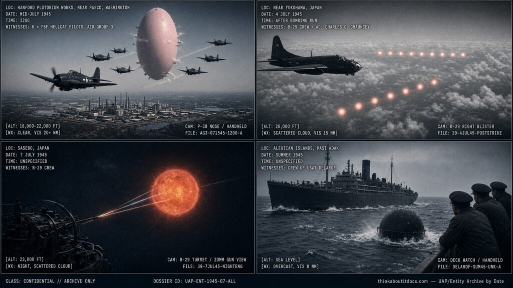 Four-panel dossier collage: Hanford nuclear works intercept, Yokohama balls of fire, Sasebo foo fighter, and the Delarof sphere, all July 1945