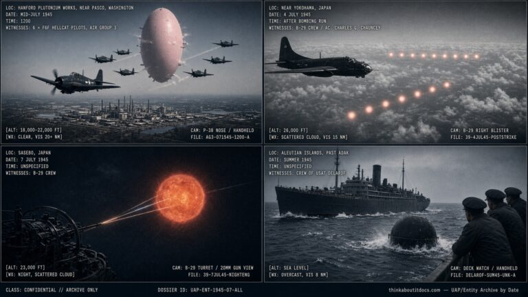 Four-panel dossier collage: Hanford nuclear works intercept, Yokohama balls of fire, Sasebo foo fighter, and the Delarof sphere, all July 1945