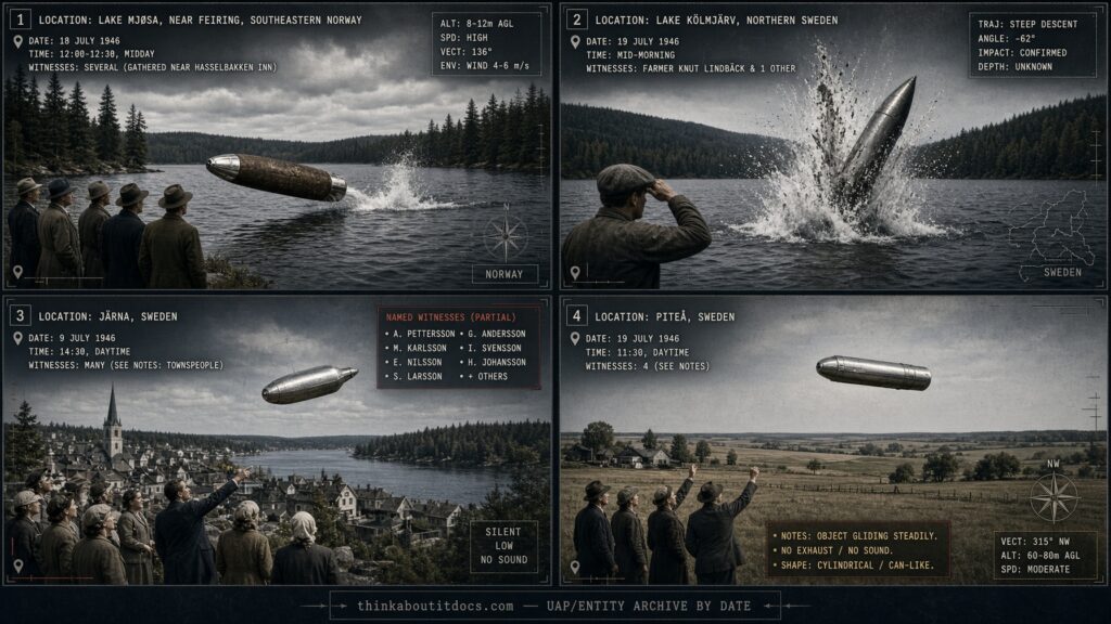 Four-panel dossier collage: the Lake Mjøsa ghost rocket, the Lake Kölmjärv crash, the Järna thermos-shaped object, and the Piteå "flying milk can," all July 1946