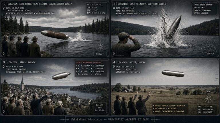 Four-panel dossier collage: the Lake Mjøsa ghost rocket, the Lake Kölmjärv crash, the Järna thermos-shaped object, and the Piteå "flying milk can," all July 1946