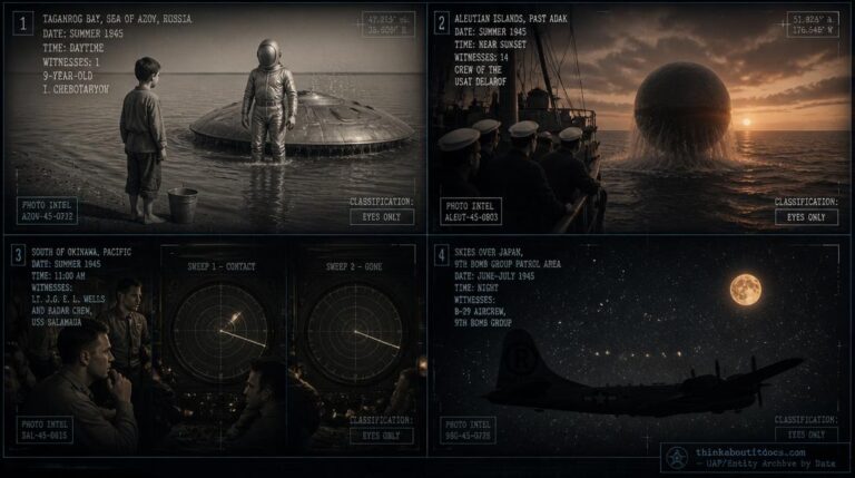 Four-panel dossier collage: Taganrog Bay boy and alien occupant, Delarof sphere, USS Salamaua radar scare, and 9th Bomb Group fireball, all summer 1945