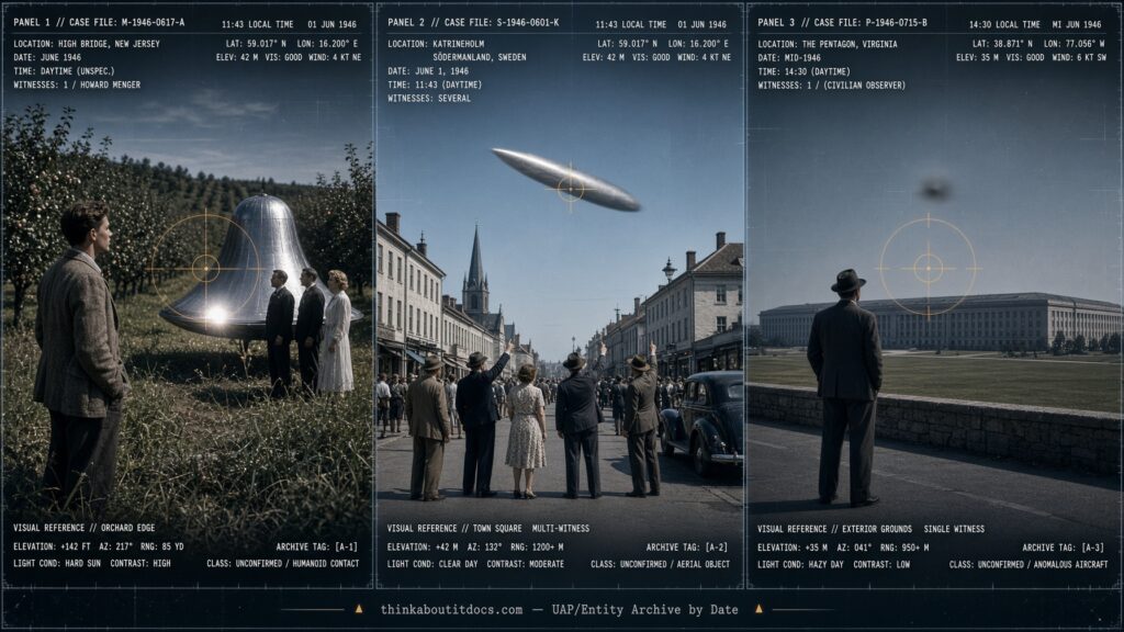 Three-panel dossier collage: Howard Menger's High Bridge encounter, a Katrineholm Sweden cigar object, and a Pentagon sighting, all June 1946