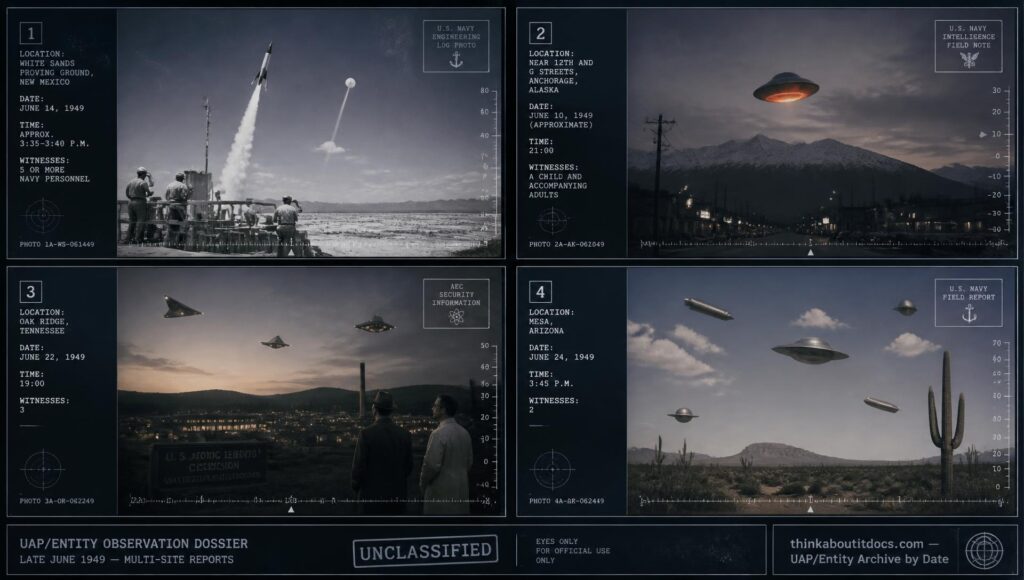 Four-panel dossier collage: the McLaughlin White Sands rocket-pacing case, the Anchorage Alaska recollection, the Oak Ridge Tennessee sighting, and the Mesa Arizona objects, all June 1949