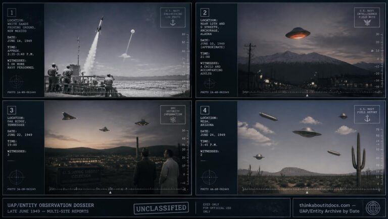 Four-panel dossier collage: the McLaughlin White Sands rocket-pacing case, the Anchorage Alaska recollection, the Oak Ridge Tennessee sighting, and the Mesa Arizona objects, all June 1949