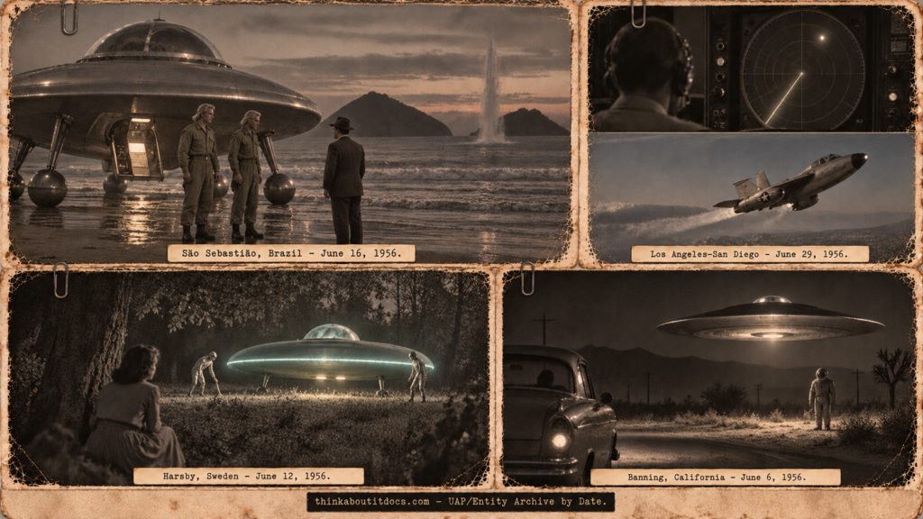 Four-panel 1950s press-photo collage of June 1956 UFO sightings: the Guimarães São Sebastião beach landing, a California radar scope, beings around a craft in a Swedish glade, and a hovering disc at Banning California.