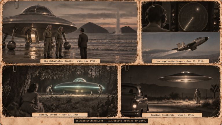 Four-panel 1950s press-photo collage of June 1956 UFO sightings: the Guimarães São Sebastião beach landing, a California radar scope, beings around a craft in a Swedish glade, and a hovering disc at Banning California.