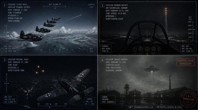Four-panel dossier collage: Belfast Maine craft landing, USAT Delarof sphere, USS New York Admiralty Islands intercept, Bologna orange fireballs, all March 1945
