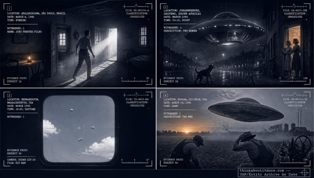 Four-panel dossier collage: the Araçariguama Brazil light-beam death, Johannesburg disc with occupant, Bernardston Massachusetts photographed objects, and Havana Illinois disc, all March 1946