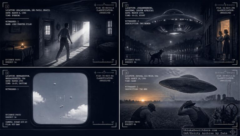 Four-panel dossier collage: the Araçariguama Brazil light-beam death, Johannesburg disc with occupant, Bernardston Massachusetts photographed objects, and Havana Illinois disc, all March 1946