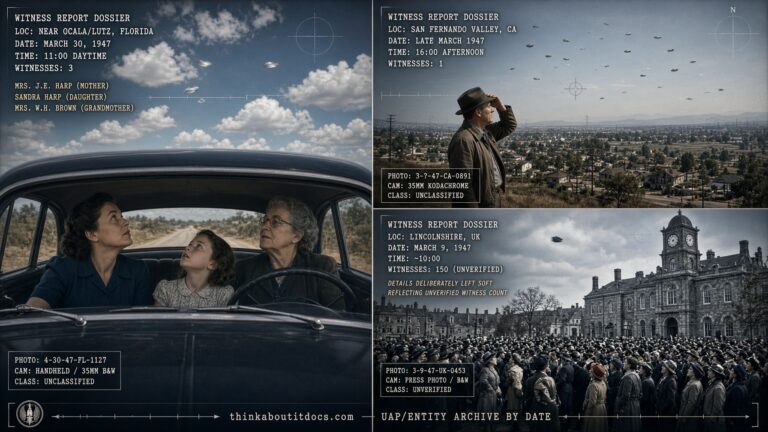 Three-panel dossier collage: three generations of a family near Ocala Florida, a San Fernando Valley multi-object sighting, and the unverified Lincolnshire UK crowd sighting, all March 1947