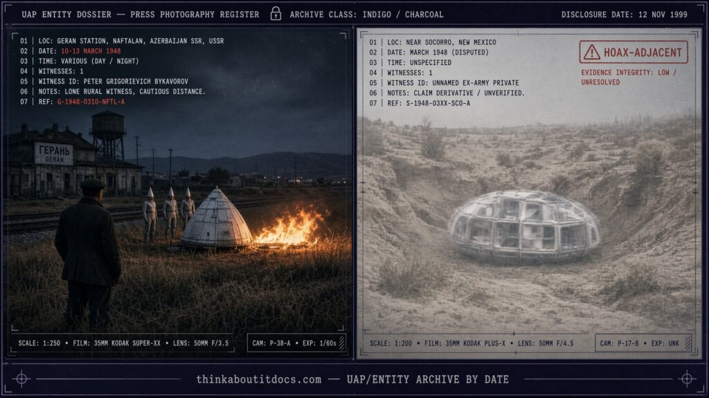 Two-panel dossier collage: the Naftalan Azerbaijan contact account and the disputed hoax-adjacent Socorro New Mexico crash claim, March 1948