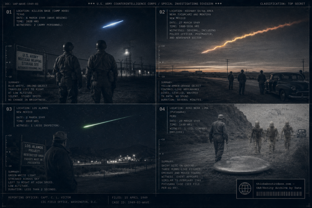 Four-panel dossier collage: the Fort Hood Texas wave begins, the Tucumcari/Montoya sighting, a Los Alamos green fireball, and the Pucusana Peru entity encounter, all March 1949