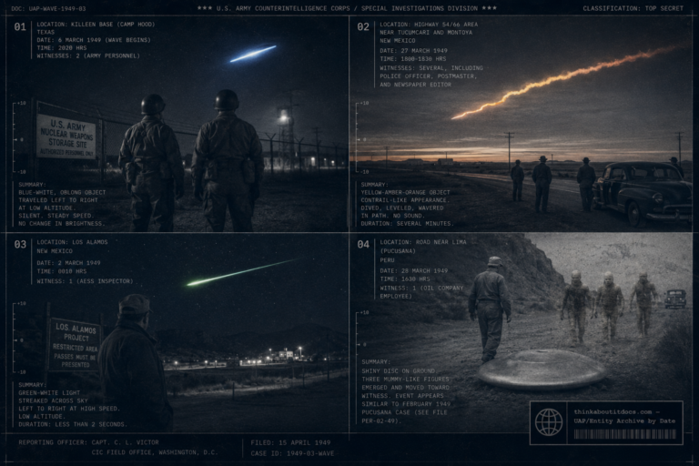 Four-panel dossier collage: the Fort Hood Texas wave begins, the Tucumcari/Montoya sighting, a Los Alamos green fireball, and the Pucusana Peru entity encounter, all March 1949