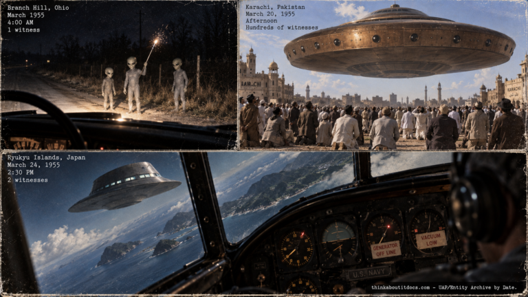 Illustrated collage of March 1955 UFO cases including the Branch Hill Ohio entity encounter, Karachi Pakistan mass sighting, and Ryukyu Islands jet intercept