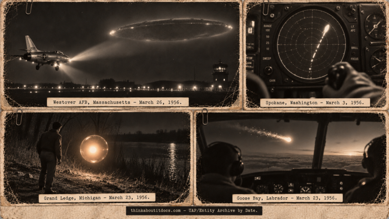 Four-panel 1950s press-photo collage of March 1956 UFO sightings: a jet lighting up a glowing disc over Westover AFB, an F-86D radar scope over Spokane, a metallic sphere at Grand Ledge Michigan, and a fiery object near Goose Bay.