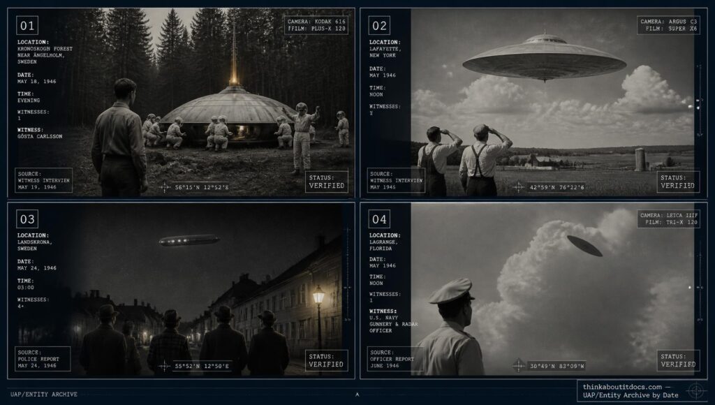 Four-panel dossier collage: the Ängelholm Sweden disc encounter, a Lafayette New York disc, a Landskrona Sweden cigar object, and a LaGrange Florida elliptical object, all May 1946