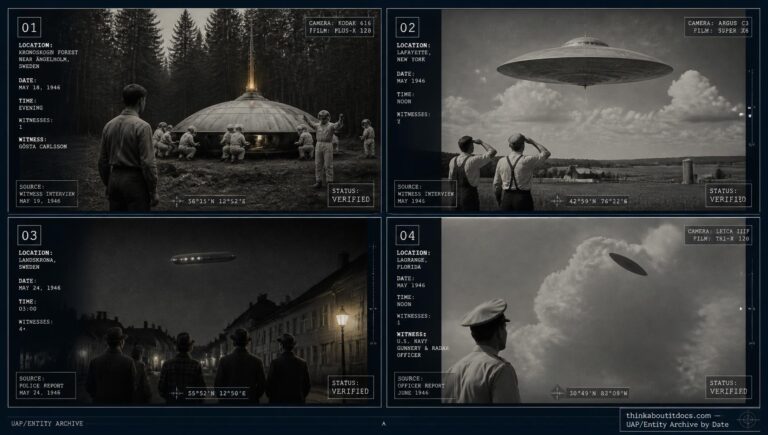 Four-panel dossier collage: the Ängelholm Sweden disc encounter, a Lafayette New York disc, a Landskrona Sweden cigar object, and a LaGrange Florida elliptical object, all May 1946