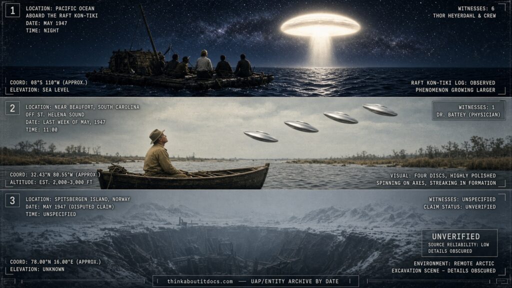 Three-panel dossier collage: Thor Heyerdahl's Kon-Tiki sighting, Dr. Battey's South Carolina disc formation, and the disputed Spitsbergen crash claim, all May 1947