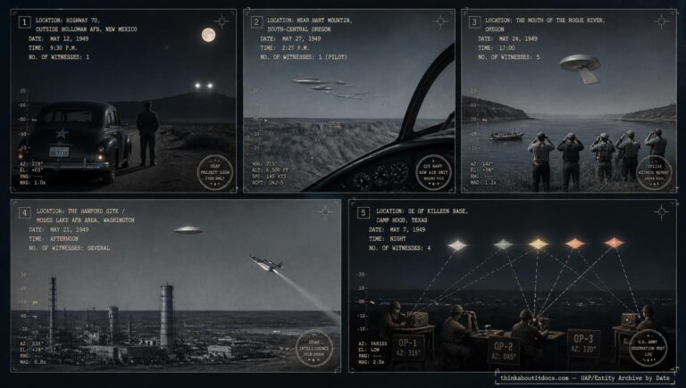 Five-panel dossier collage: the Holloman AFB/Menzel sighting, the Hart Mountain formation, the Rogue River disc, the Hanford intercept, and the Fort Hood Texas wave, all May 1949