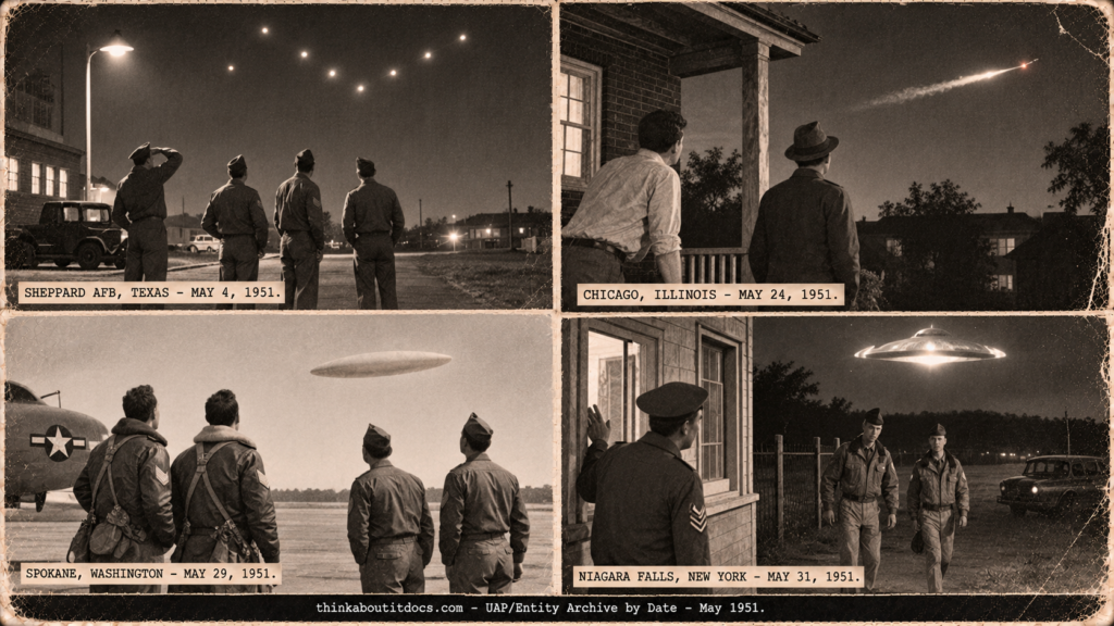 Four-panel vintage collage of May 1951 UFO sightings: airmen watching a glowing formation at Sheppard AFB, a Chicago porch, a Geiger Field ramp and a Niagara Falls weather station.