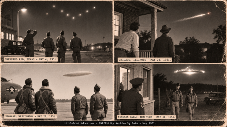 Four-panel vintage collage of May 1951 UFO sightings: airmen watching a glowing formation at Sheppard AFB, a Chicago porch, a Geiger Field ramp and a Niagara Falls weather station.