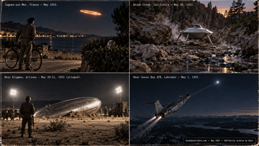Four-panel collage of May 1953 UFO sightings: the Cagnes-sur-Mer France sighting and face encounter, the second Brush Creek California landed-disc sighting, the alleged Kingman Arizona crash retrieval, and an F-94 intercept near Goose Bay Labrador