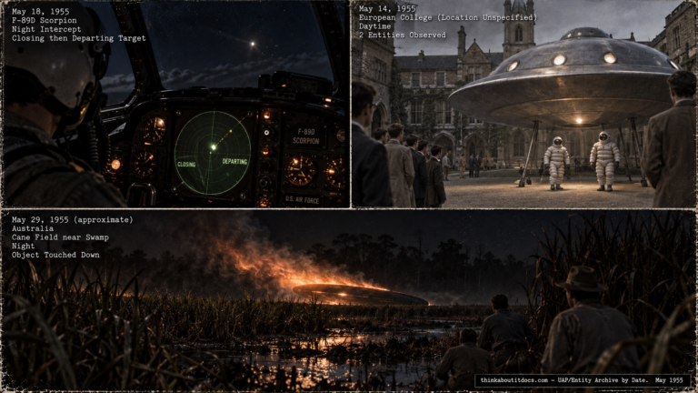 Illustrated collage of UFO cases including the Duluth Minnesota radar intercept, Dinan France Michelin Man encounter, and Smithfield Australia fireball landings