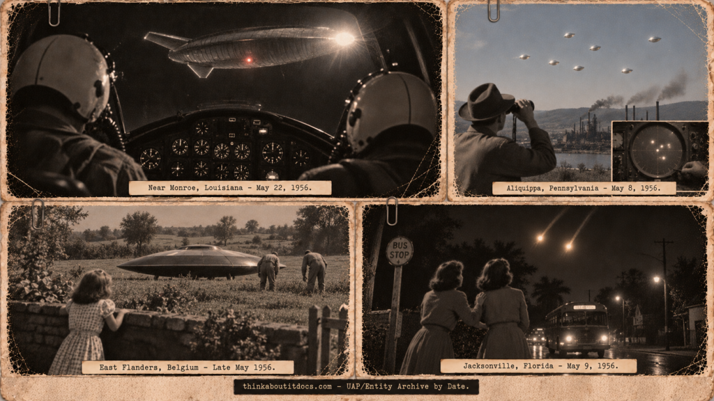Four-panel 1950s press-photo collage of May 1956 UFO sightings: a T-33 near-collision over Louisiana, silver objects over Aliquippa PA, a landed disc in Belgium, and two women at a Jacksonville bus stop.