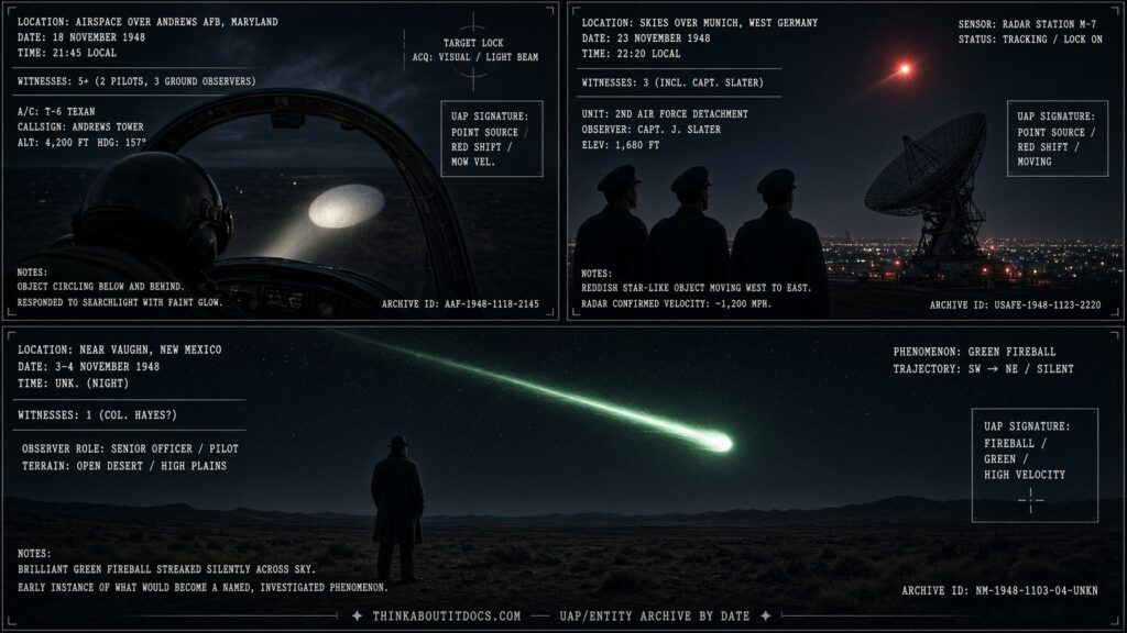 Three-panel dossier collage: the Andrews AFB Maryland pursuit, the Fürstenfeldbruck Munich radar case, and an early Vaughn New Mexico green fireball, November 1948