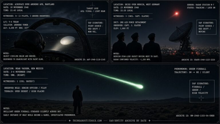 Three-panel dossier collage: the Andrews AFB Maryland pursuit, the Fürstenfeldbruck Munich radar case, and an early Vaughn New Mexico green fireball, November 1948