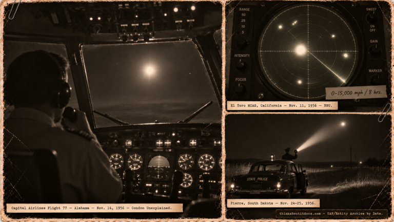 Three-panel 1950s press-photo collage: Capital Airlines Flight 77 cockpit with a brilliant light ahead, El Toro MCAS radar scope showing merging and splitting returns over 8 hours, and a South Dakota state police car with spotlight aimed at a light in the night sky.