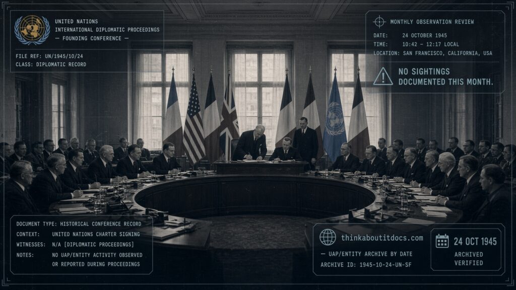 International delegates at a formal 1945 conference table as the United Nations Charter comes into force, October 24, 1945, with no UFO sightings documented this month