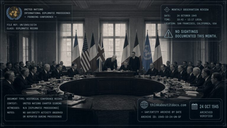 International delegates at a formal 1945 conference table as the United Nations Charter comes into force, October 24, 1945, with no UFO sightings documented this month