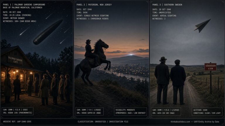 Three-panel dossier collage: the Palomar Gardens San Diego mass sighting, a Paterson New Jersey horseback encounter, and a southern Sweden arrow-shaped object, all October 1946