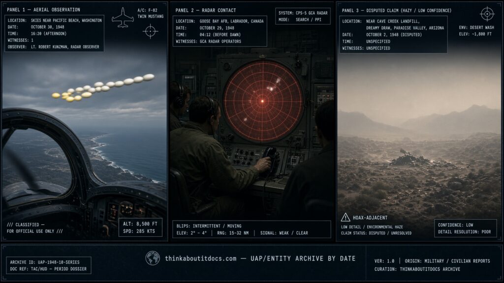 Three-panel dossier collage: the Pacific Beach Washington formation sighting, the Goose Bay Labrador radar tracking, and the disputed Dreamy Draw Arizona crash claim, October 1948