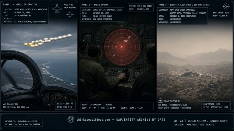 Three-panel dossier collage: the Pacific Beach Washington formation sighting, the Goose Bay Labrador radar tracking, and the disputed Dreamy Draw Arizona crash claim, October 1948