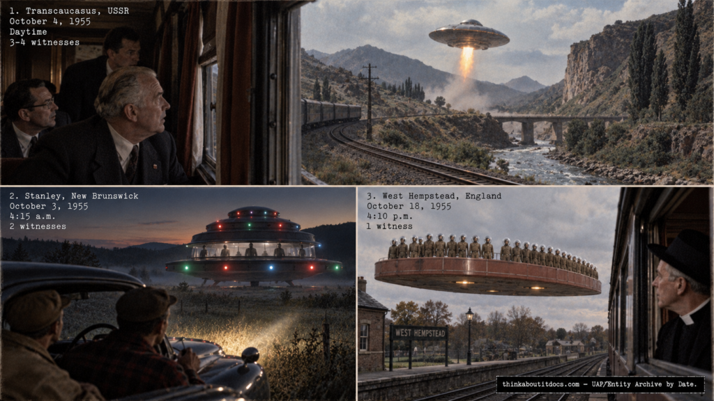 Illustrated collage of October 1955 UFO cases including Senator Richard Russell's Soviet Transcaucasus sighting, the Stanley New Brunswick close encounter, and the West Hempstead England flying platform